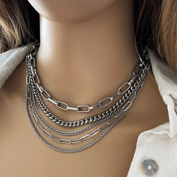 Multi strand punk rock necklace for women - stainless steel layered paperclip statement necklace - hypoallergenic non tarnish layer necklace