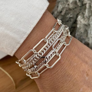 Multi strands silver color bracelet for women - chunky layered paperclip bracelet in bright silver plated stanless steel - gift for women