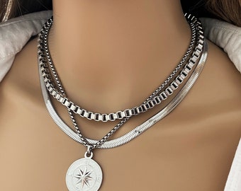 Multi strands box and omega chain necklace for women - stainless steel silver 3 layers necklace with compass pendant - steel set necklaces