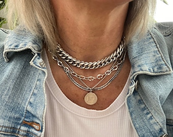 Chunky multi layer necklace for women in stainless steel - curb chain and coin pendant chunky statement necklace hypoallergenic non tarnish