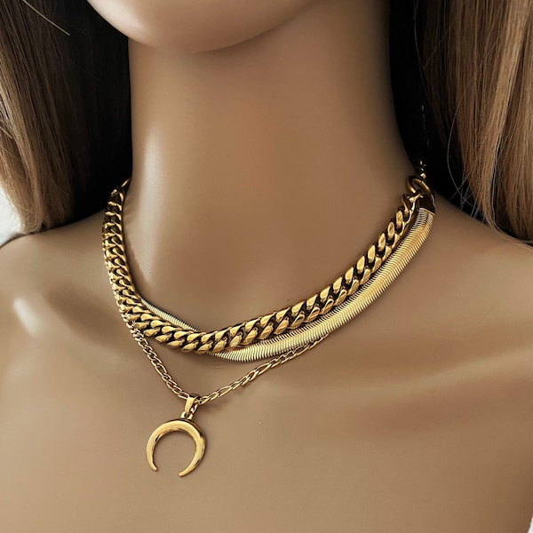 Multi strand gold necklace with moon crescent pendant for women - gold layer half moon necklace - golden ion plated stainless steel necklace