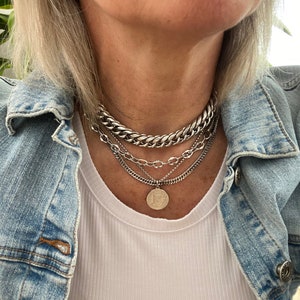 Chunky multi layer necklace for women in stainless steel - curb chain and coin pendant chunky statement necklace hypoallergenic non tarnish