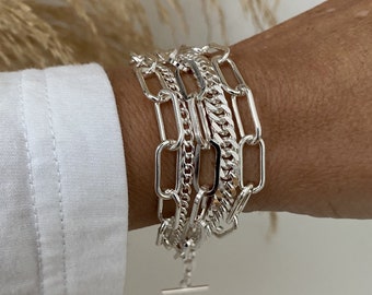 Bracelet trombone multi rangs argent à gros maillon pour femme - bracelet multi couches en acier inoxydable plaqué argent brillant