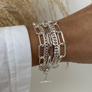 Multi strands silver bracelet for women - chunky layered silver paperclip bracelet in bright silver plated stanless steel - gift for women