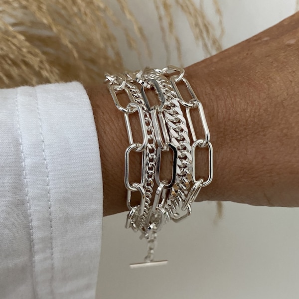 Multi strands silver bracelet for women - chunky layered silver paperclip bracelet in bright silver plated stanless steel - gift for women
