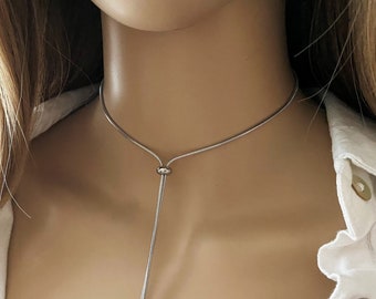 Tie collar silver necklace for women with spike end chain in stainless steel - lariat chain choker necklace - adjustable long chain necklace