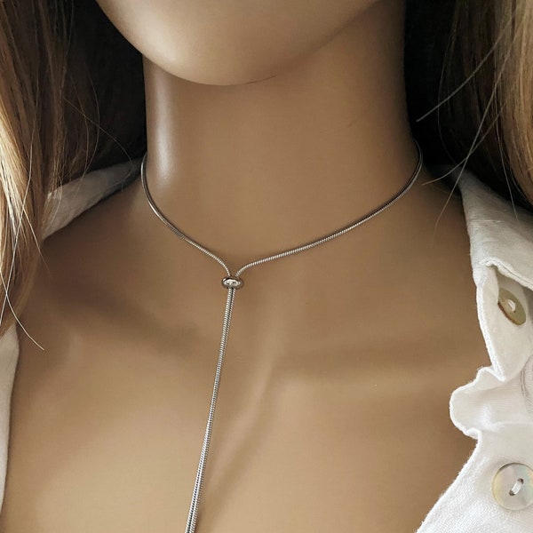 Collier cravate argent pour femme en acier inoxydable - collier lariat ajustable ras le cou avec perle coulissante - long collier coulissant