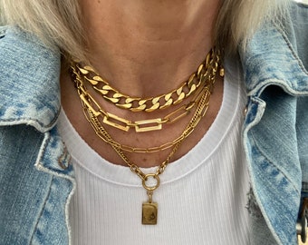 Multi layer golden bold necklace for women - chunky rectangle link and curb chain layered ion golden plagted stainless steel necklace