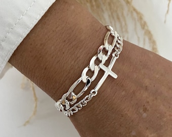 Cross connector silver double strands figaro chain bracelet for women - large link figaro chain bracelet with cross link - gift for her