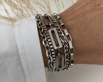 Multi strands stainless steel unisexchain bracelet - silver rectangle link and box chain punk rock multi layer steel bracelet