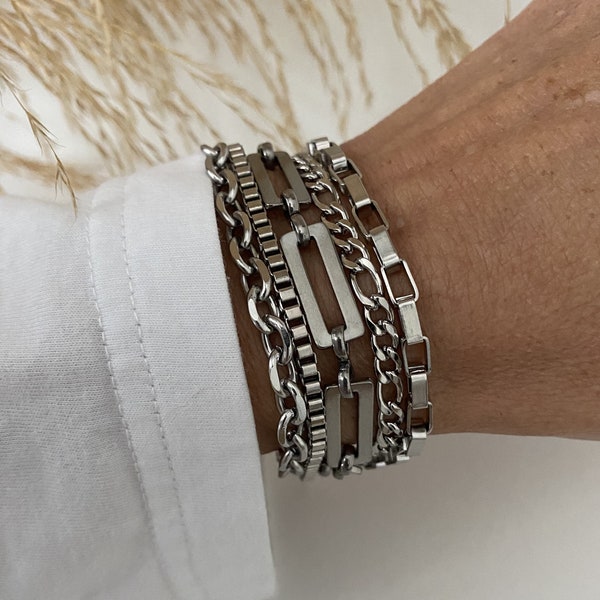 Multi strands stainless steel unisexchain bracelet - silver rectangle link and box chain punk rock multi layer steel bracelet