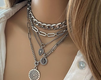 Collier multi couches argent pour femme en acier inoxydable - Collier à gros maillons pendentifs multiples argent antique - collier cadeau