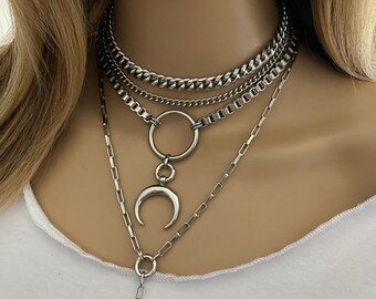 Layered crescent pendant steel necklace for women - Multi strands box and curb chain necklace in stainless steel with half moon pendant