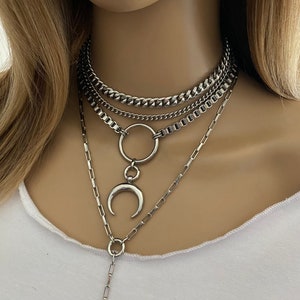 Layered crescent pendant steel necklace for women - Multi strands box and curb chain necklace in stainless steel with half moon pendant