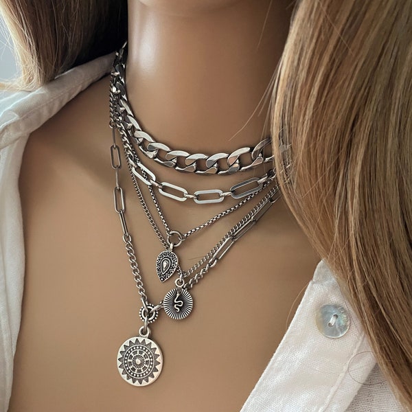 Layer multi charms necklace for women in stainless steel and antique zamak - multi strands silver chunky chain necklace with antique pendant