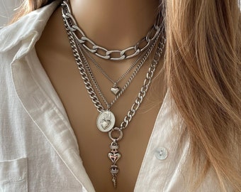 Multi layer silver necklace for women in stainless steel with multiple heart pendants - wide curb chain layer silver necklace with hearts