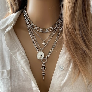 Multi layer silver necklace for women in stainless steel with multiple heart pendants - wide curb chain layer silver necklace with hearts