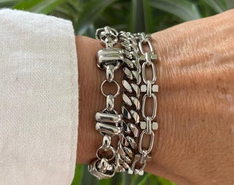 Silbernes mehrreihiges Armband mit klobiger silberner Edelstahlkette für Frauen - Silbernes Layering-Armband - Geschenk für Sie