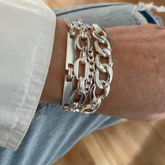 Chunky Multi Strands Silver Bracelet for Women Multi Layer Mixed Chain Statement Bracelet in Bright Silver Plated Stainless Steel Etsy Australia