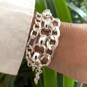 Chunky multi strand silver color bracelet for women - figaro and rolo chain bracelet in white silver color plated steel - gift for women
