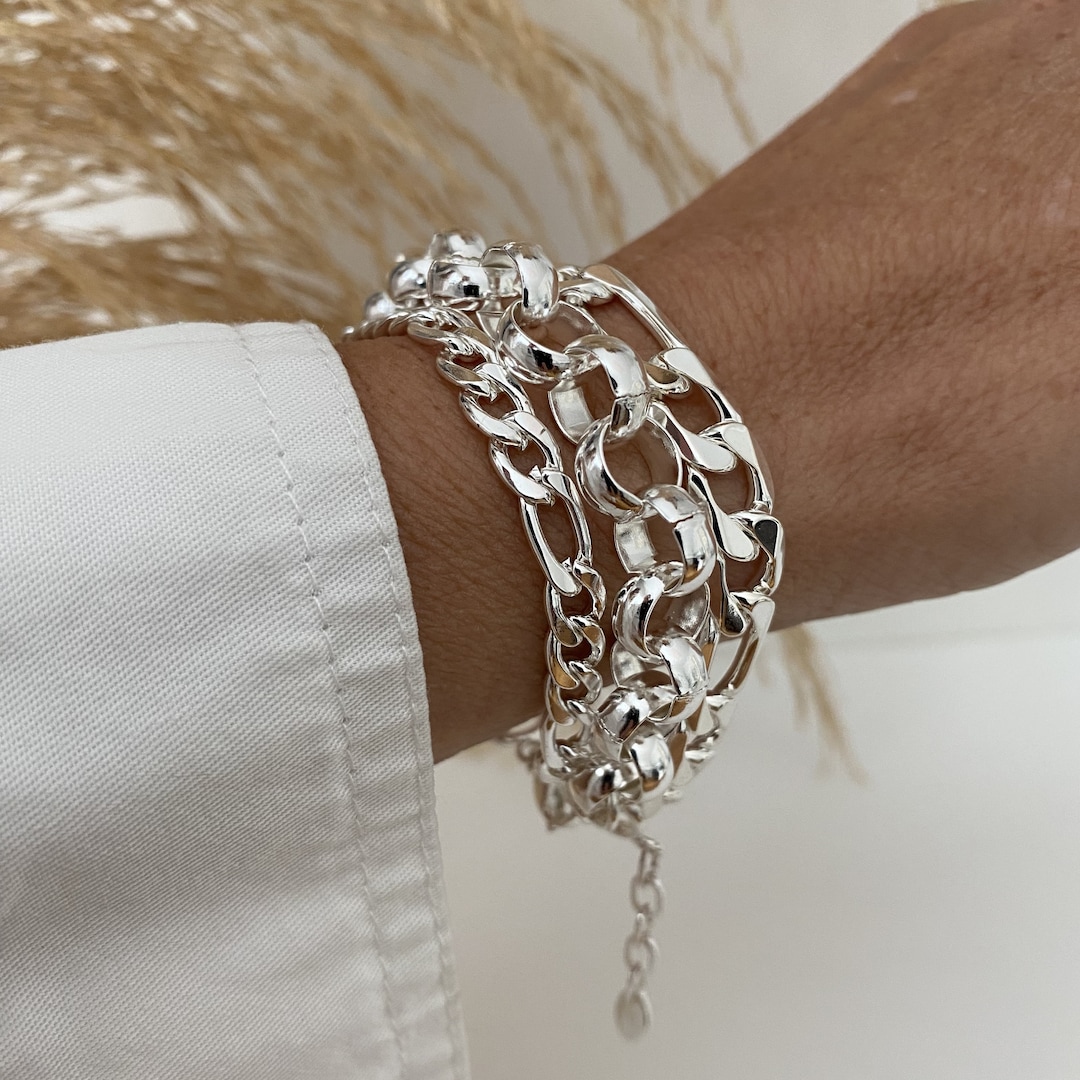 Chunky Multi Strand Silver Bracelet for Women Chunky Figaro and Rolo
