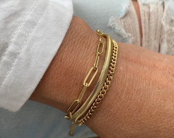 Multi strands paperclip gold bracelet for women - 18k gold plated multi layer herringbone chain bracelet in long lasting gold plating