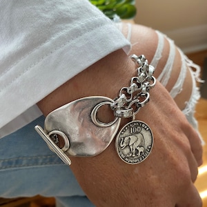 Chunky antique silver toggle bracelet with elephant coin charm - toggle layer bracelet with coin charm in stainless steel and antique zamak