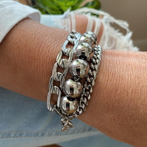 Chunky ball chain multi strands stainless steel bracelet for women - punk rock multi layer bracelet - hypoallergenic non tarnish bracelet