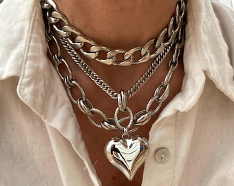 Chunky curb chain layer necklace with big heart pendant in silver stainless steel for women