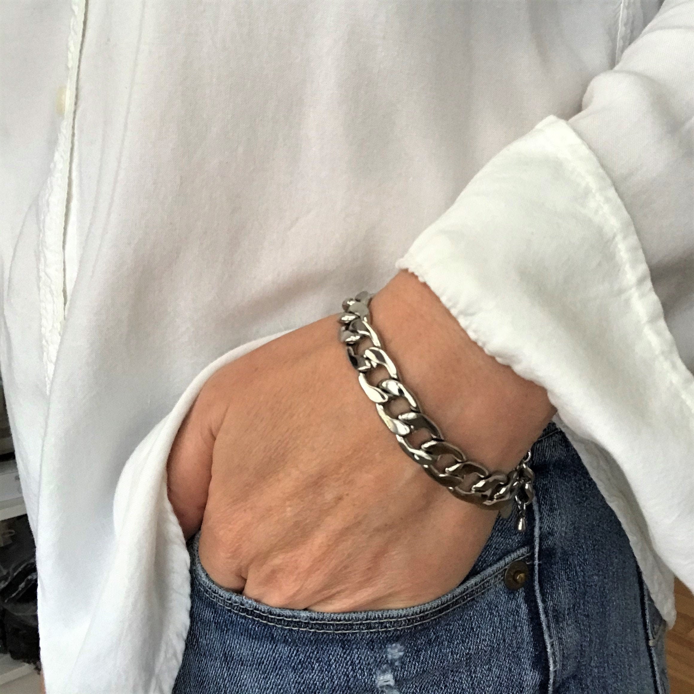 Large cable chain bracelet in stainless steel unisex Etsy