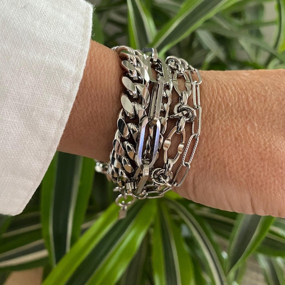 Bracelet large multirangs argent à gros maillon en acier inoxydable pour femme - bracelet multi couches unisexe - cadeau pour femme