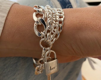 Wide Multi Strand Padlock Bracelet for Women Chunky Layer