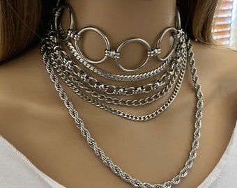 Gros collier multi rangs ras le cou à joint torique argent pour femme en acier inoxydable - collier hypoallergénique et anti ternissement