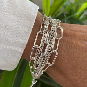 Multi strands silver color bracelet for women - chunky layered paperclip bracelet in bright silver plated stanless steel - gift for women