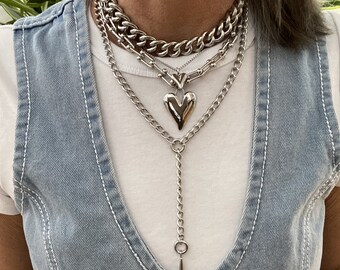 Chunky multi layer silver necklace for women in stainless steel - big cable chain and heart pendant hypoallergenic non tarnish necklace