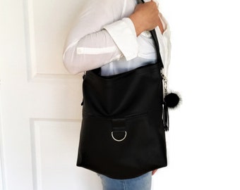 Faux leather black tote bag - handmade shoulder bag in black faux leather for women