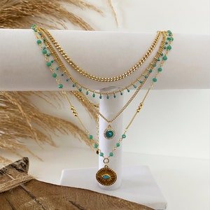 Gold and turquoise necklace for women with evil eye pendant - Multi layer delicate beads chain neckalce in 18k gold long lasting plating