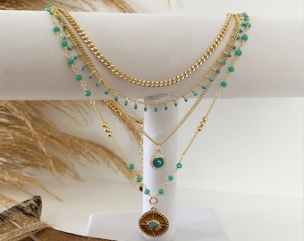 Gold and turquoise necklace for women with evil eye pendant - Multi layer delicate beads chain neckalce in 18k gold long lasting plating