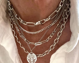 Multi layer silver necklace with evil eye pendant for women in long lasting platinum silver color plated brass - Gift for her