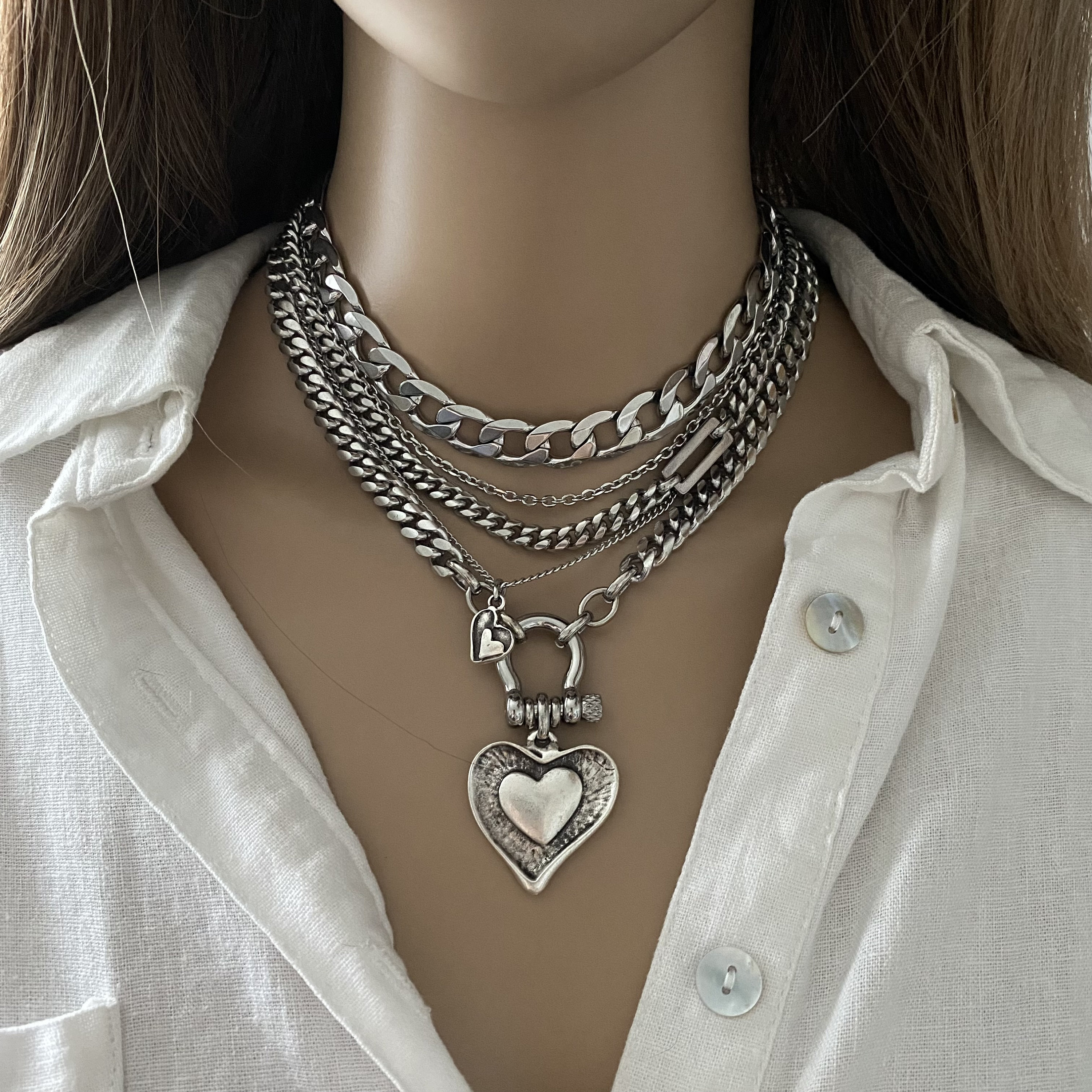 Chunky multi layer silver necklace for women in stainless steel with antique silver zamak heart pendants wide chain layer silver necklace
