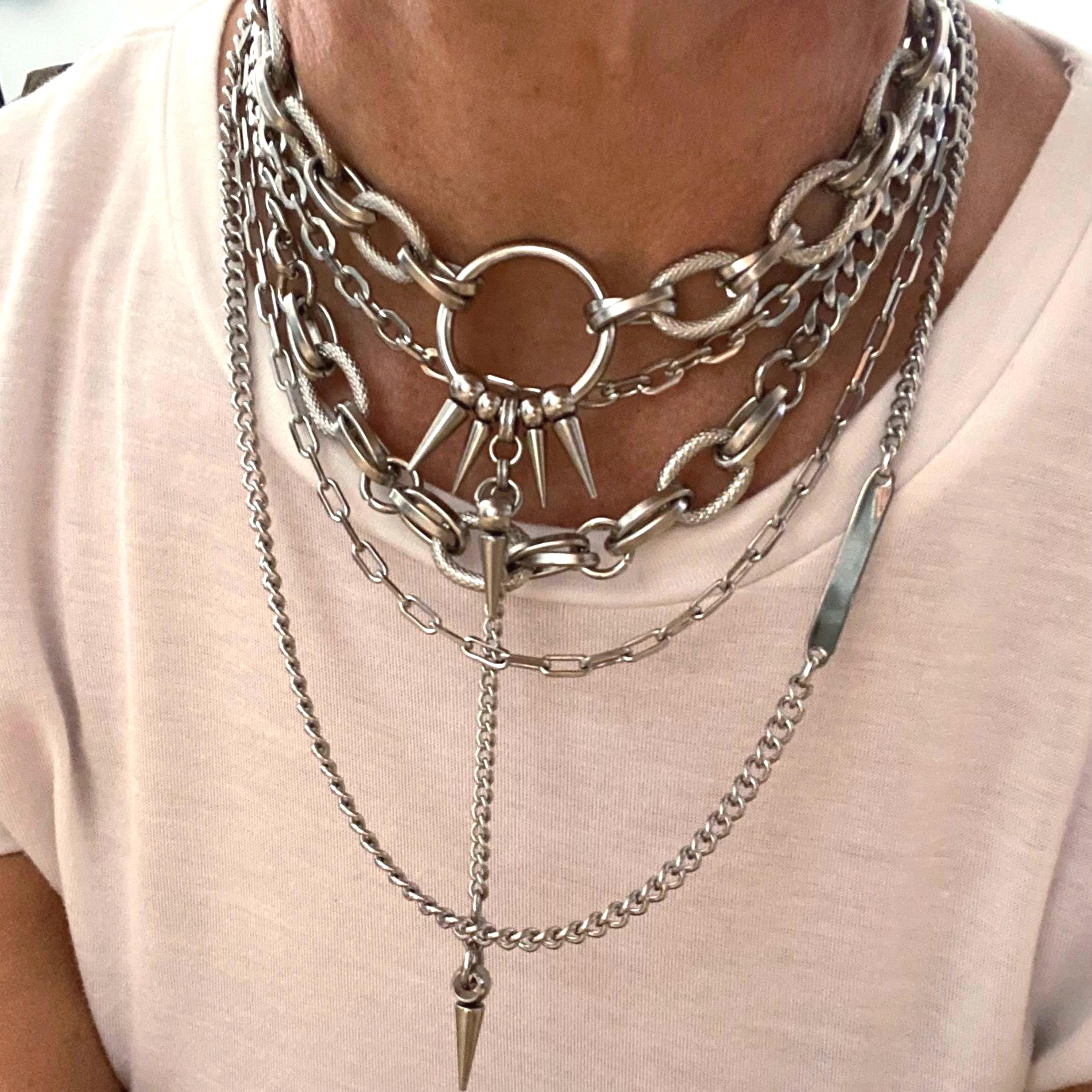 Chunky textured cable chain layer necklace with O ring and spike…