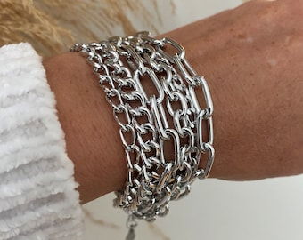 Aluminum chunky lightweight silver bracelet - multistrand mixed chains bracelet - Aluminum chunky multi chain bright silver bracelet