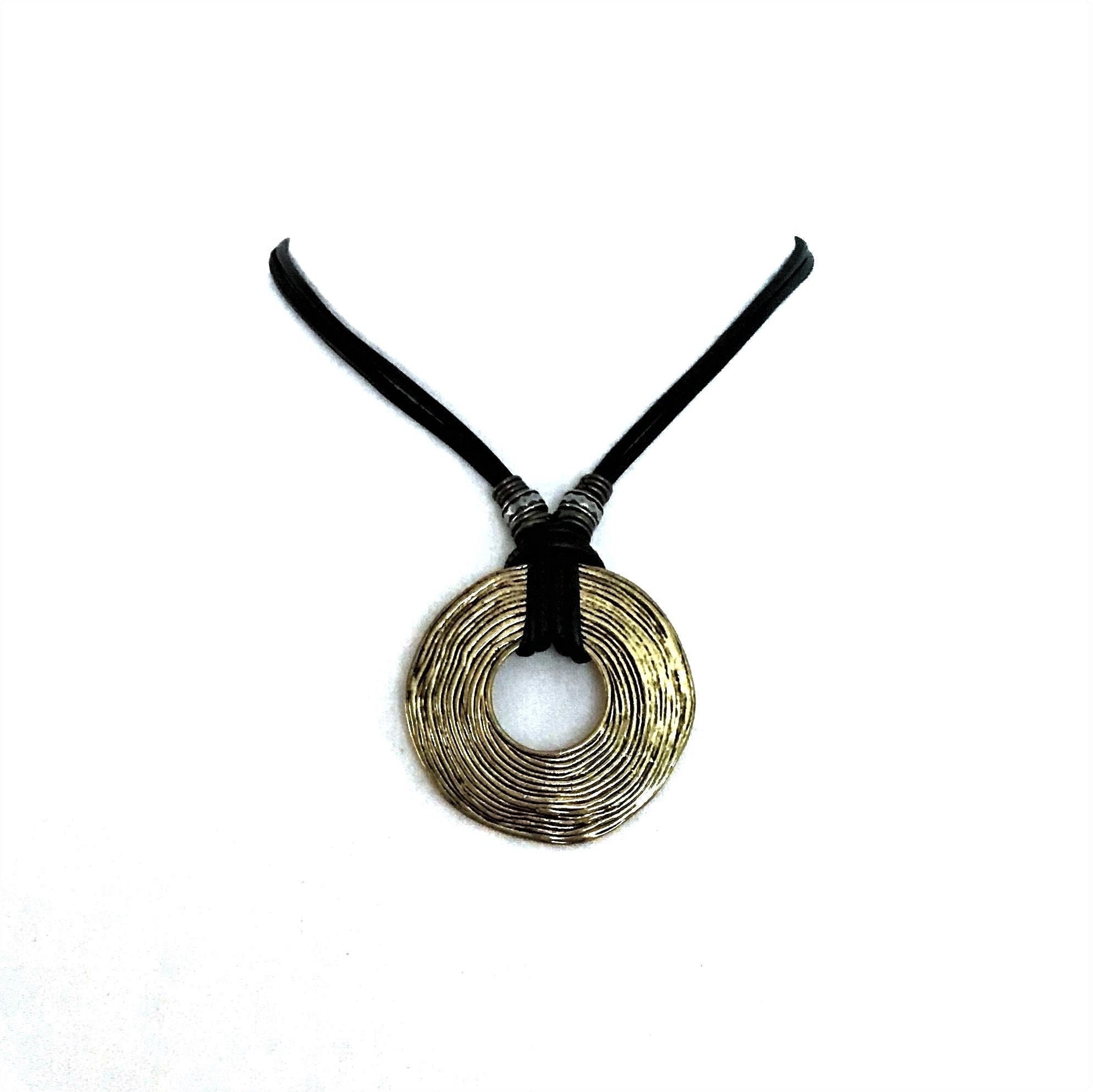 Black leather cord necklace with big antique gold pendant Etsy