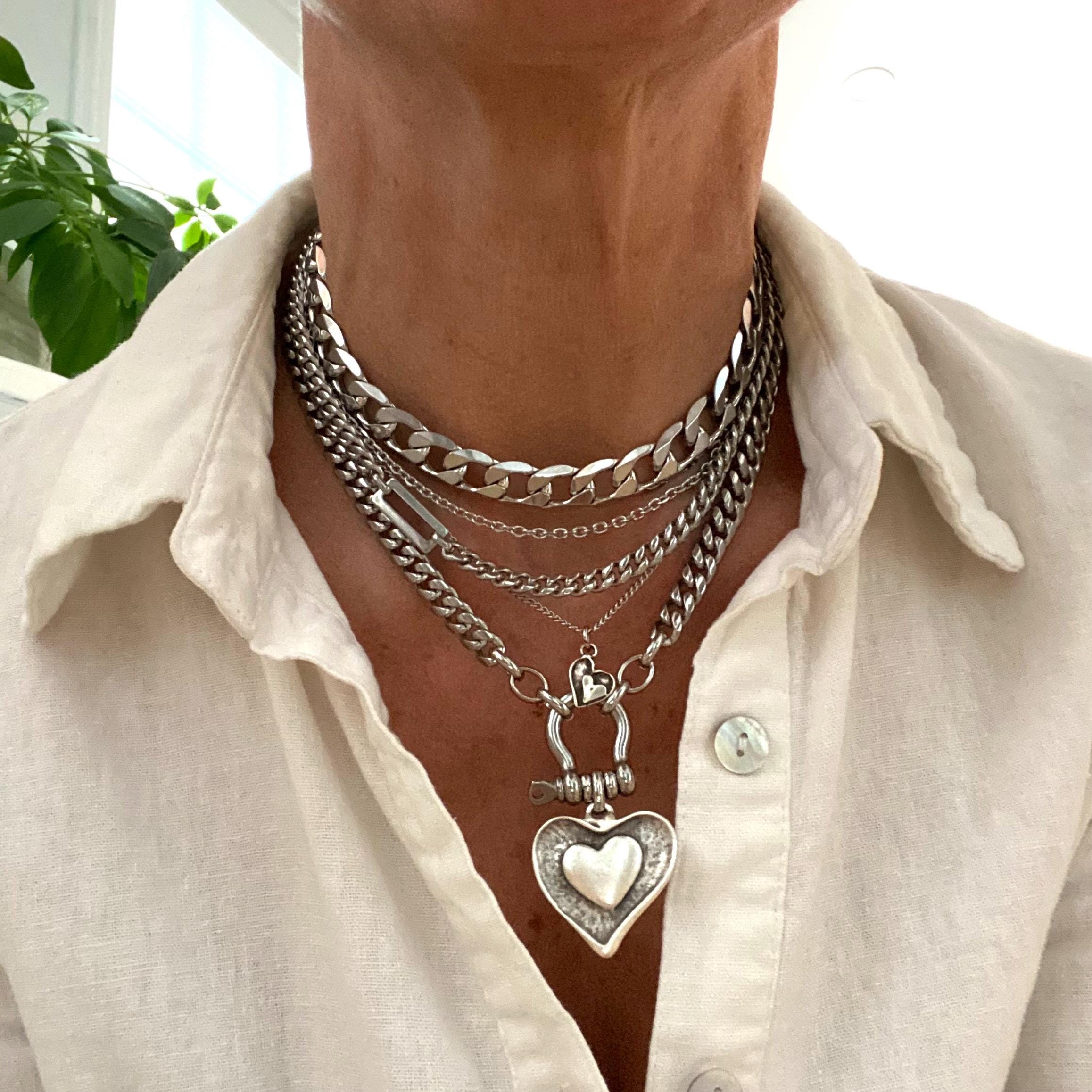 Chunky Layered Silver Necklace for Women in Shiny Stainless Steel 