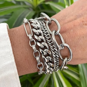 Layered silver chunky cable and curb chain stainless steel bracelet for women