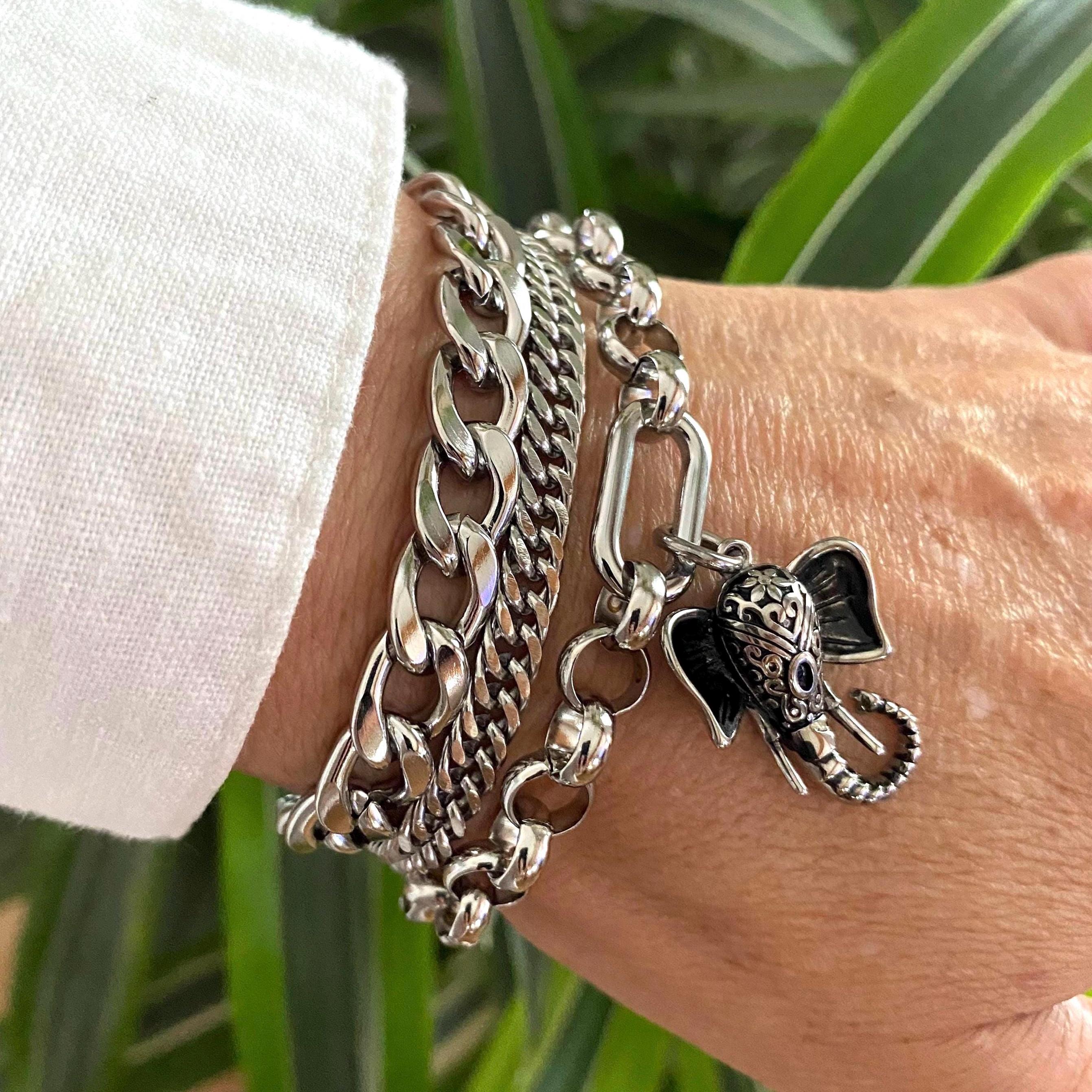 Elephant charm bracelet in stainless steel for women - multi layer wide…