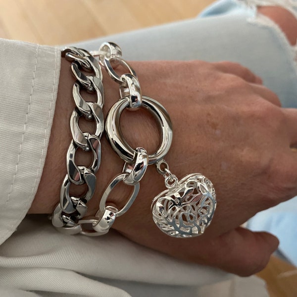 Chunky curb and cable chain wrap 2 tone silver bracelet with heart charm for women - large link layer bracelet in stainless steel