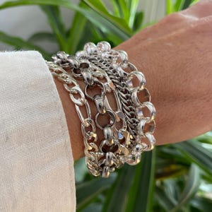 Bracciale multifilo bicolore in argento con maglie rolò e figaro spesse in acciaio inossidabile da donna - Bracciale spesso a strati - Regalo per lei