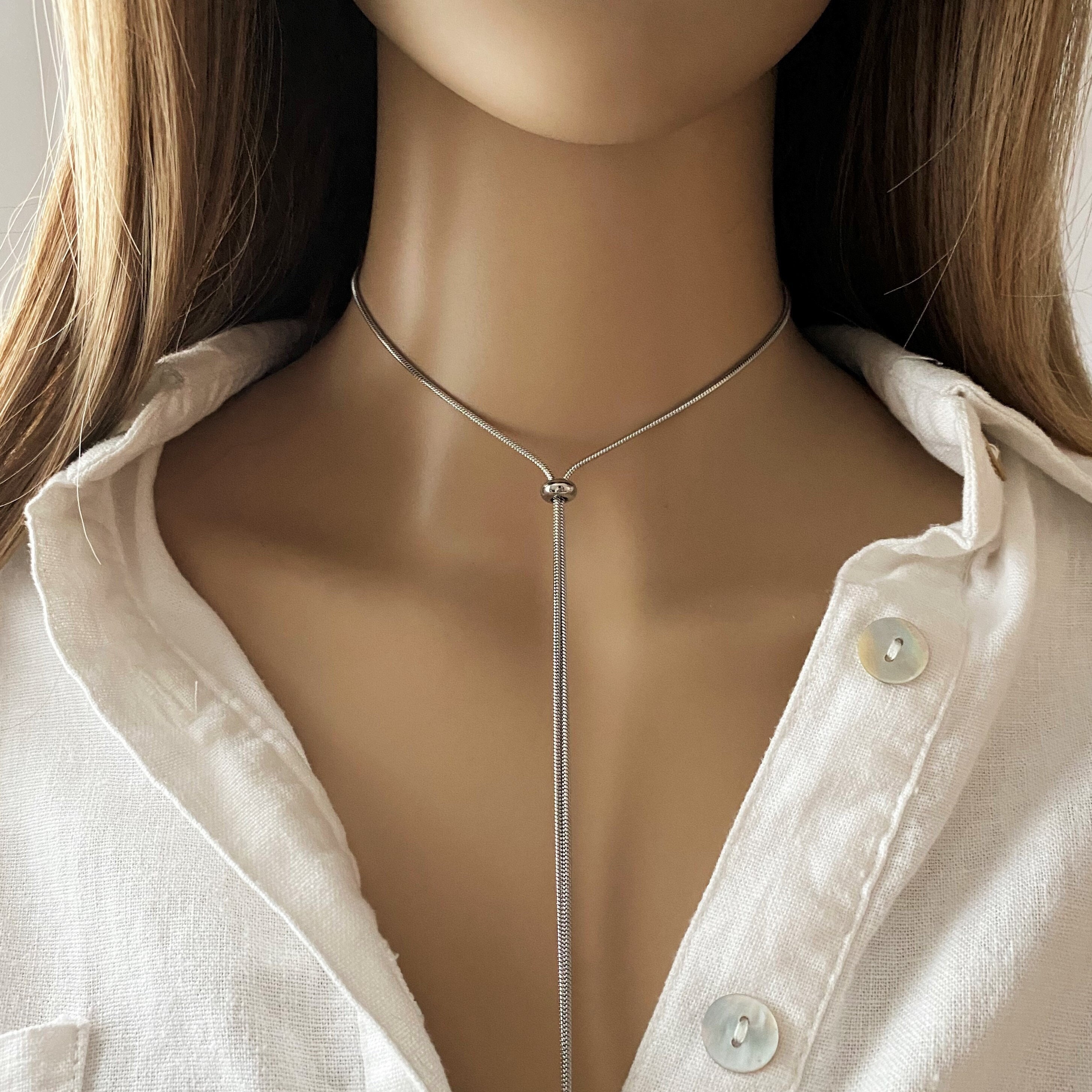 Tie Collar Silver Necklace for Women With Spike End Chain in