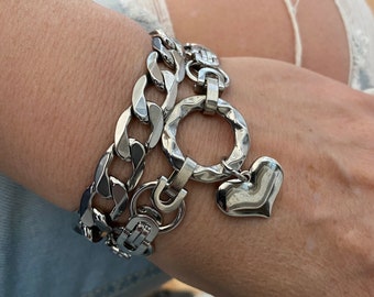 Chunky wrap chain bracelet with heart charm for women - O ring 2 strand curb and byzantin stainless steel link chain bracelet - gift for her